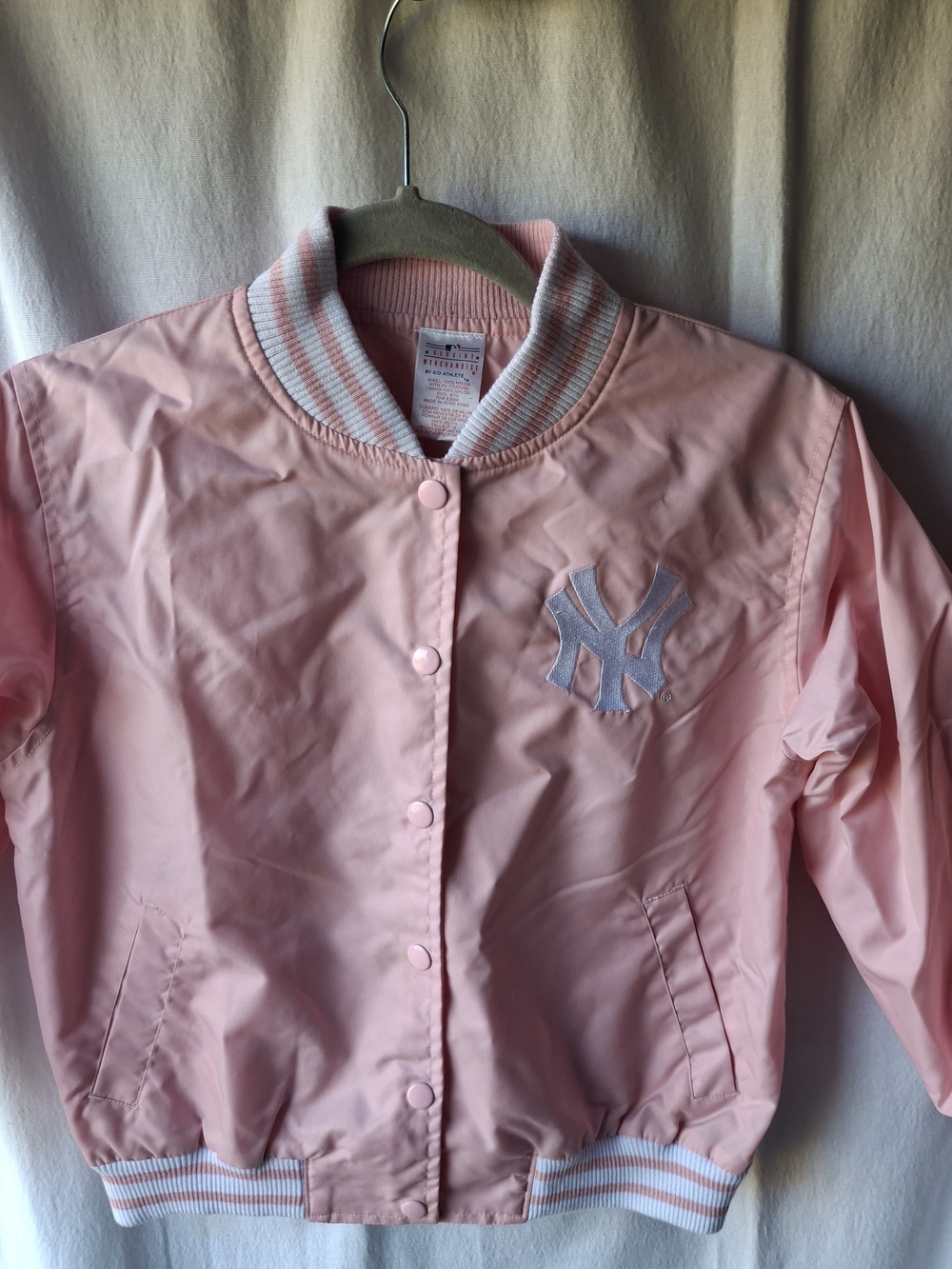 Genuine Merchandise Pink Satin Kids Bomber Jacket with Embroidered NY Patch